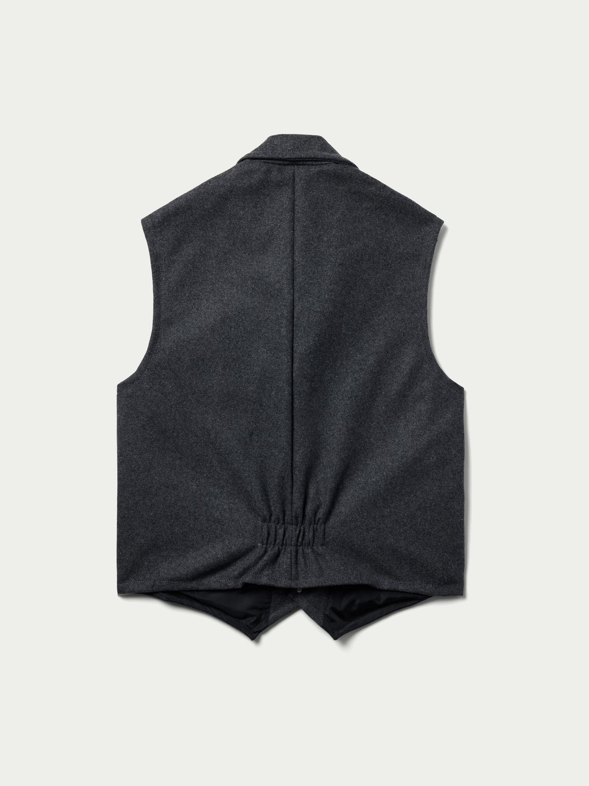Charcoal wool vest with V-neck, lapels, and button-front closure