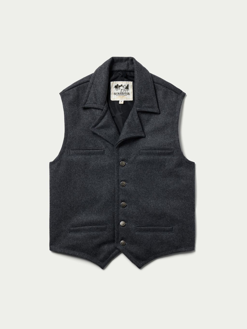 Charcoal wool vest with dark lining, stand collar, and button-front