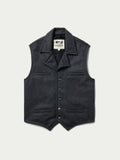 Charcoal wool vest with dark lining, stand collar, and button-front