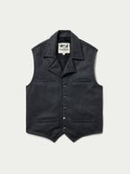 Charcoal wool vest with dark lining, stand collar, and button-front