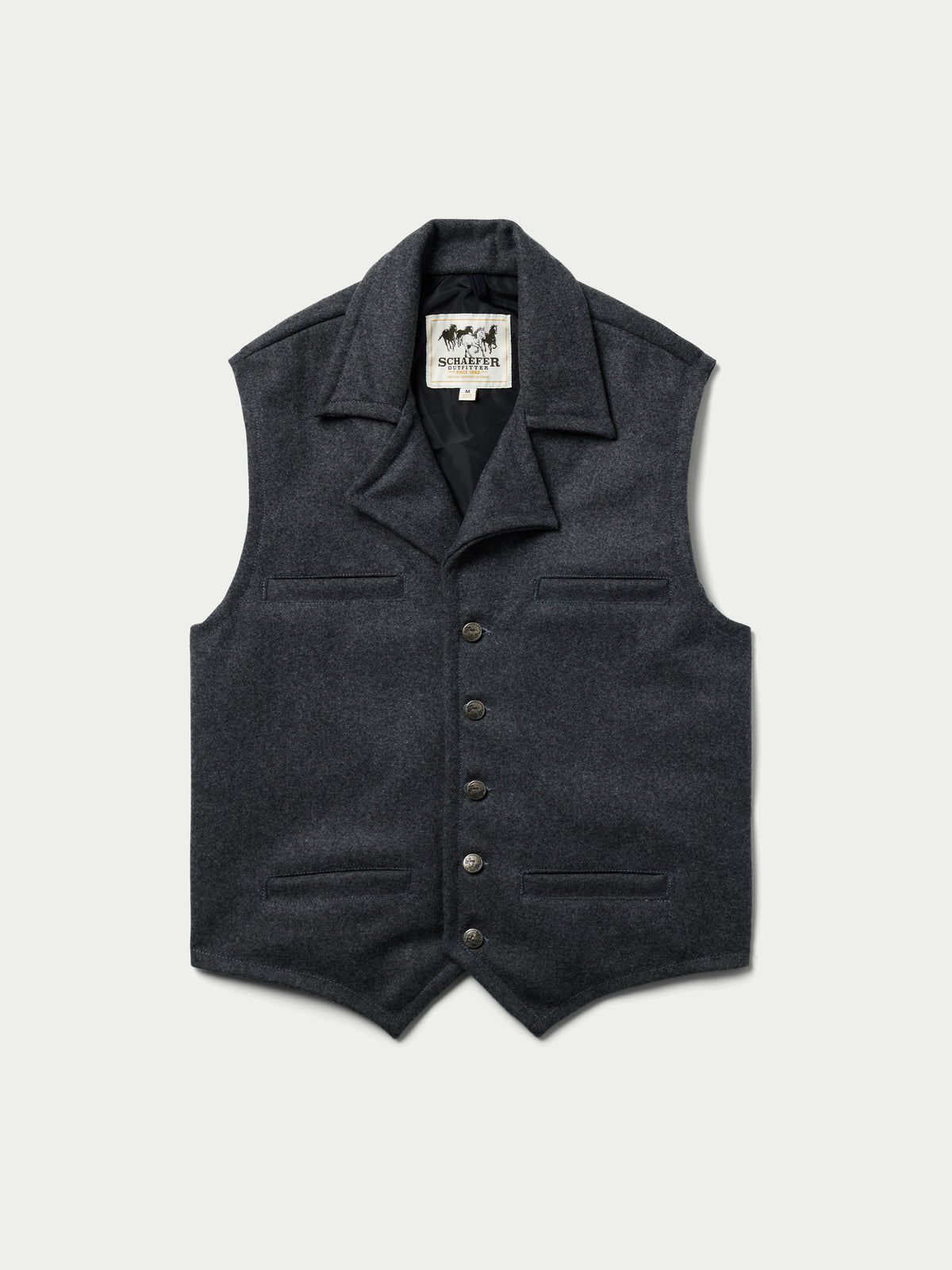 Charcoal wool vest with dark lining, stand collar, and button-front