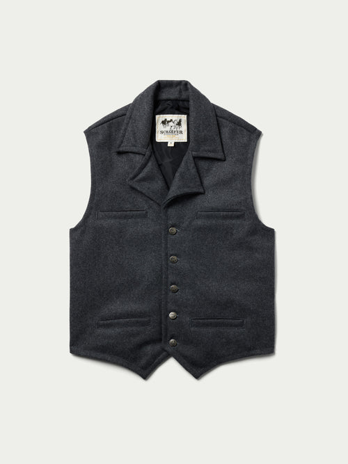 Charcoal wool vest with dark lining, stand collar, and button-front