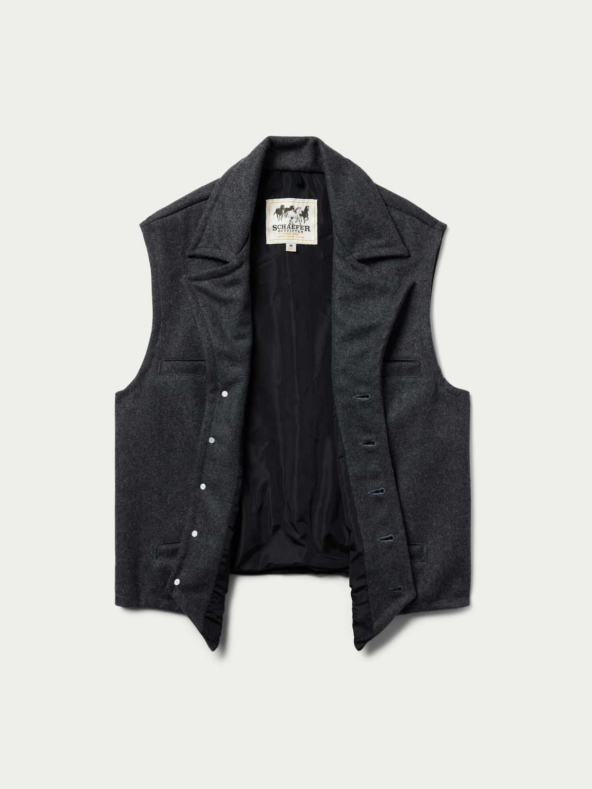 Charcoal wool vest open front with multiple metal buttons and side pockets