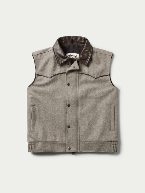 Taupe wool vest with button front, stand collar, and chest pockets; dark leather trim
