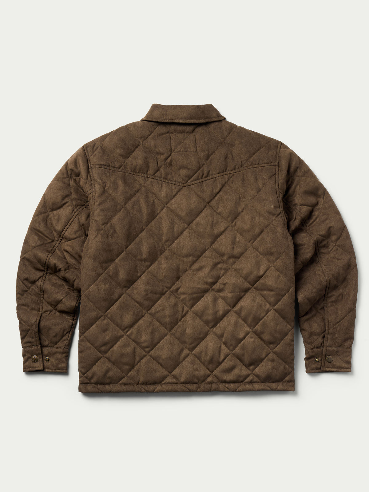 Brown quilted microsuede jacket with stand collar and diamond stitch pattern, snap closure.