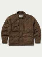 Brown quilted microsuede jacket with stand collar, two chest pockets, and snap front.