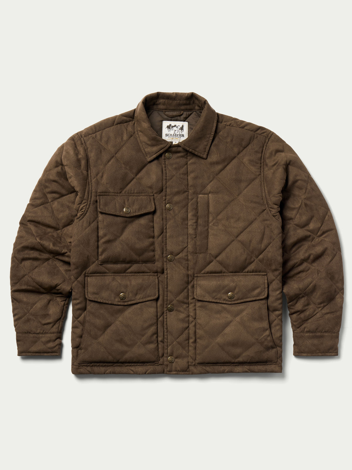 Brown quilted microsuede jacket with stand collar, two chest pockets, and snap front.