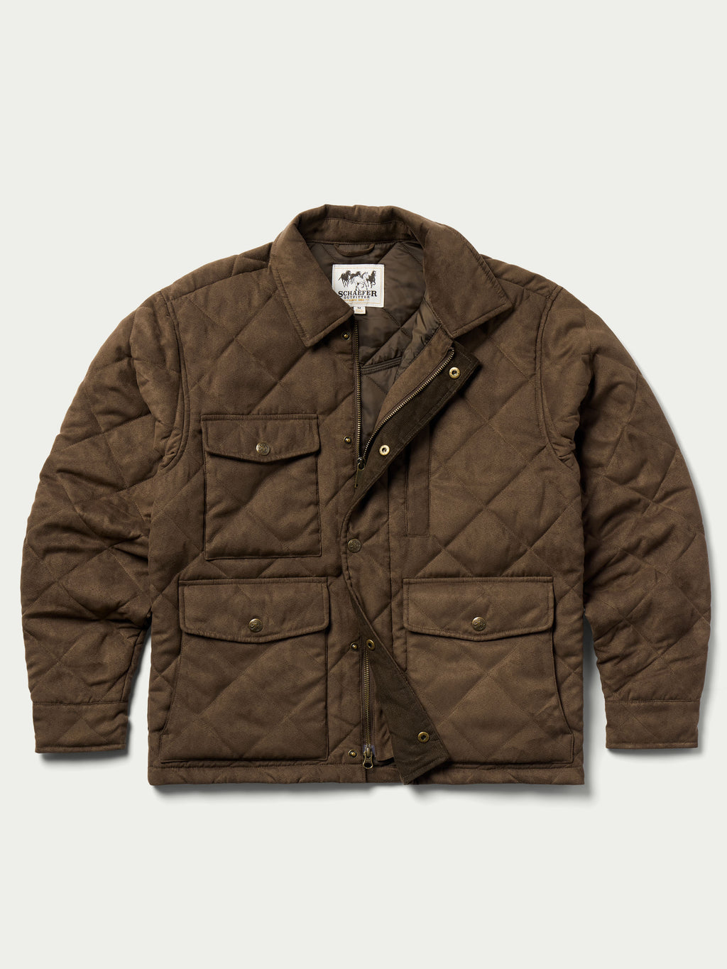 Brown quilted microsuede jacket with four-pocket layout, snap front, and stand collar.
