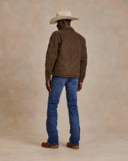 Brown quilted microsuede jacket, back view, with quilted pattern and zip front
