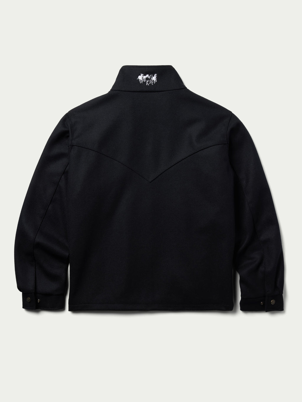 Black wool arena jacket back view with stand collar and full zipper
