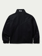 Black wool arena jacket back view with stand collar and full zipper
