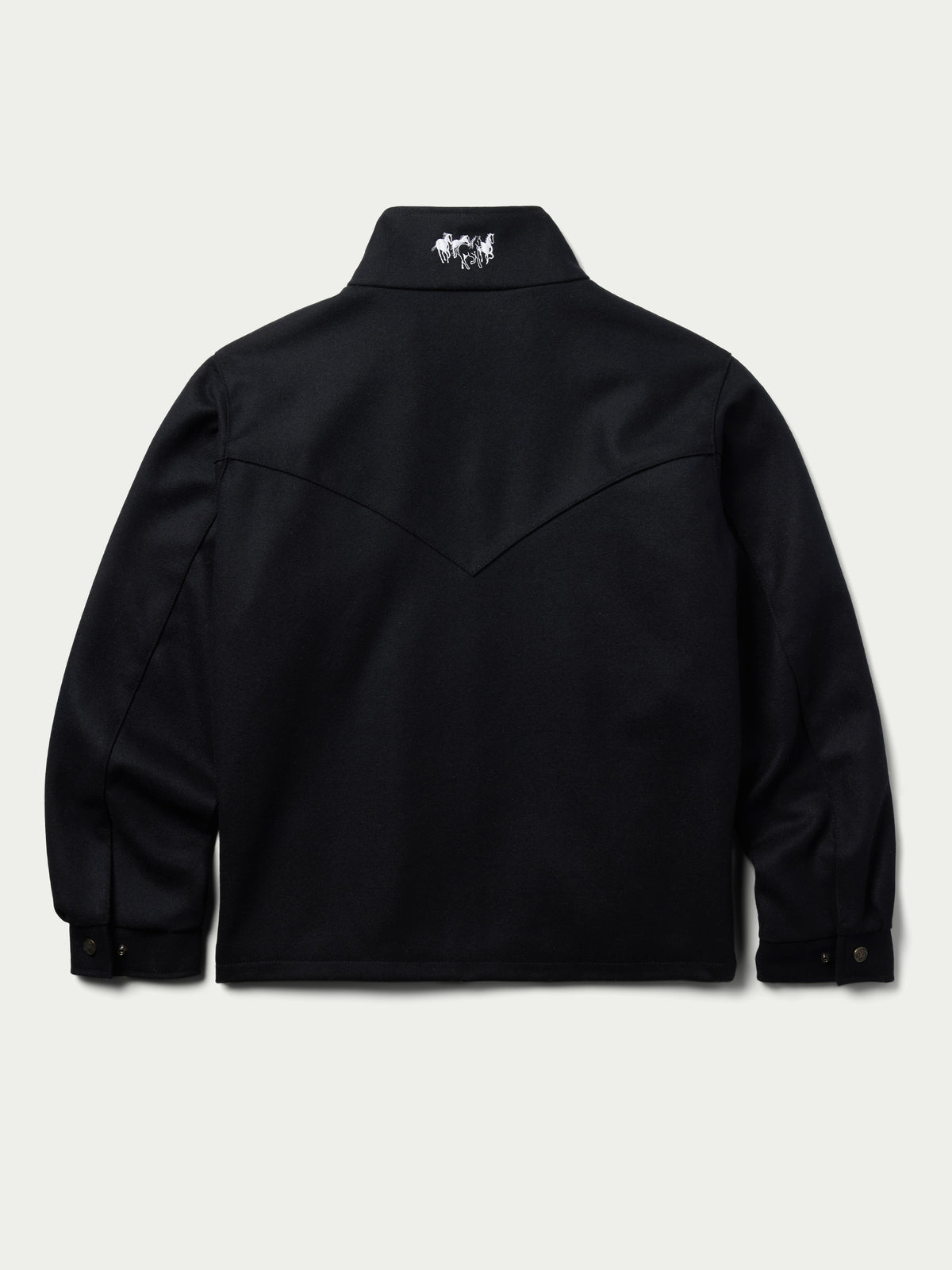 Black wool arena jacket back view with stand collar and full zipper