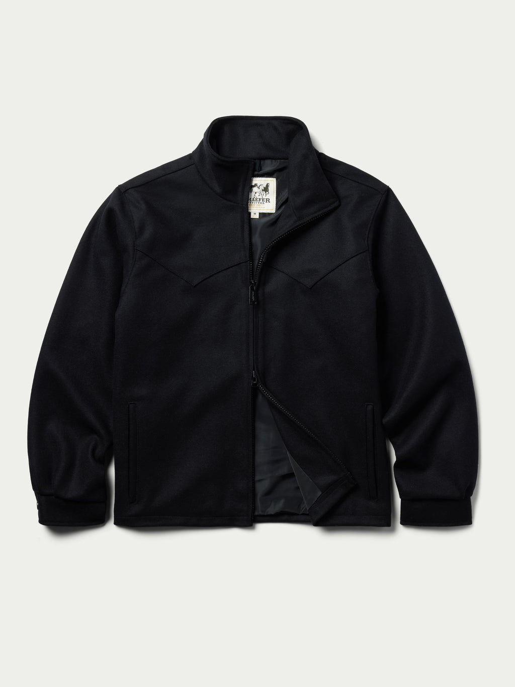 Black wool arena jacket front view with full-length zipper and pocket seams