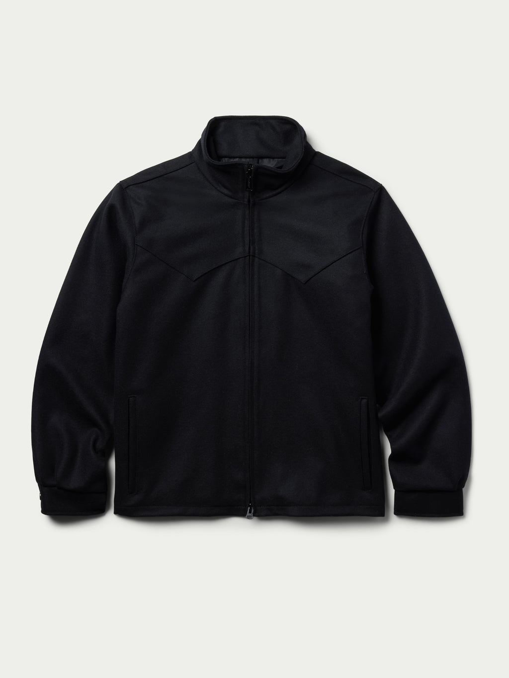 Black wool arena jacket front view with stand collar and side pockets