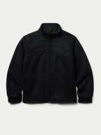 Black wool arena jacket front view with stand collar and side pockets