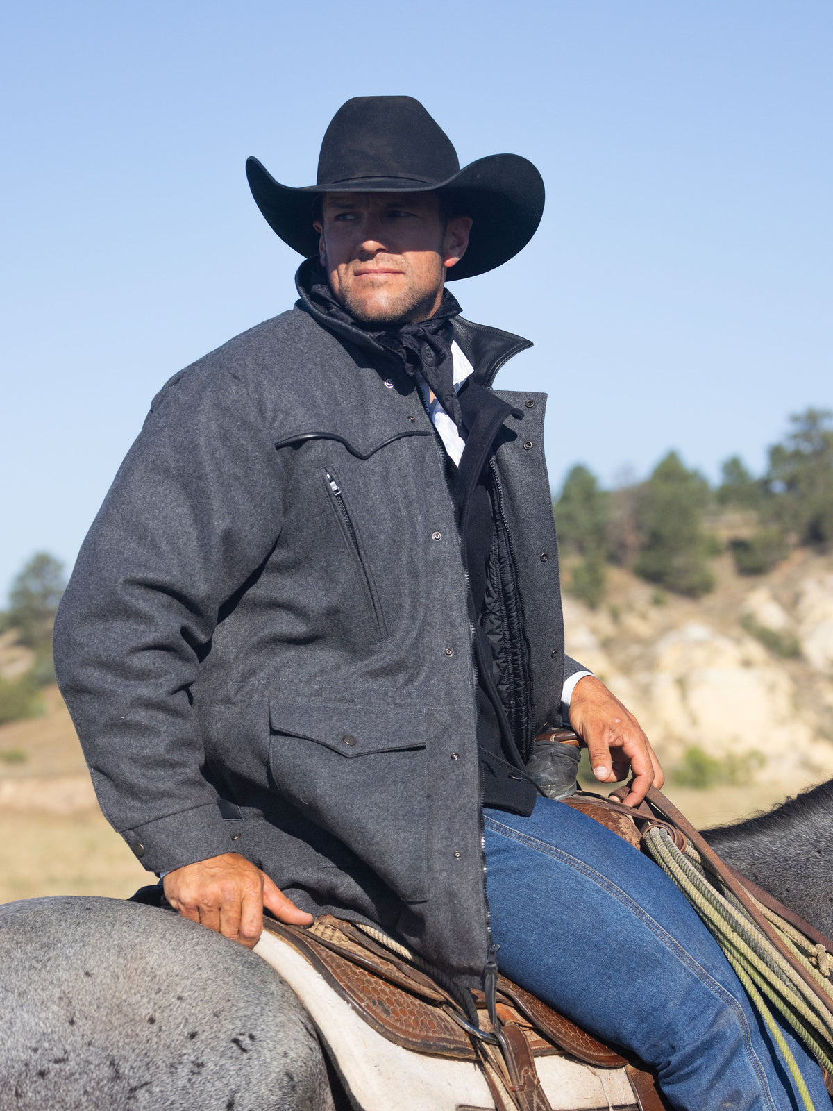 Cattle King charcoal wool coat with button front and flap chest pockets