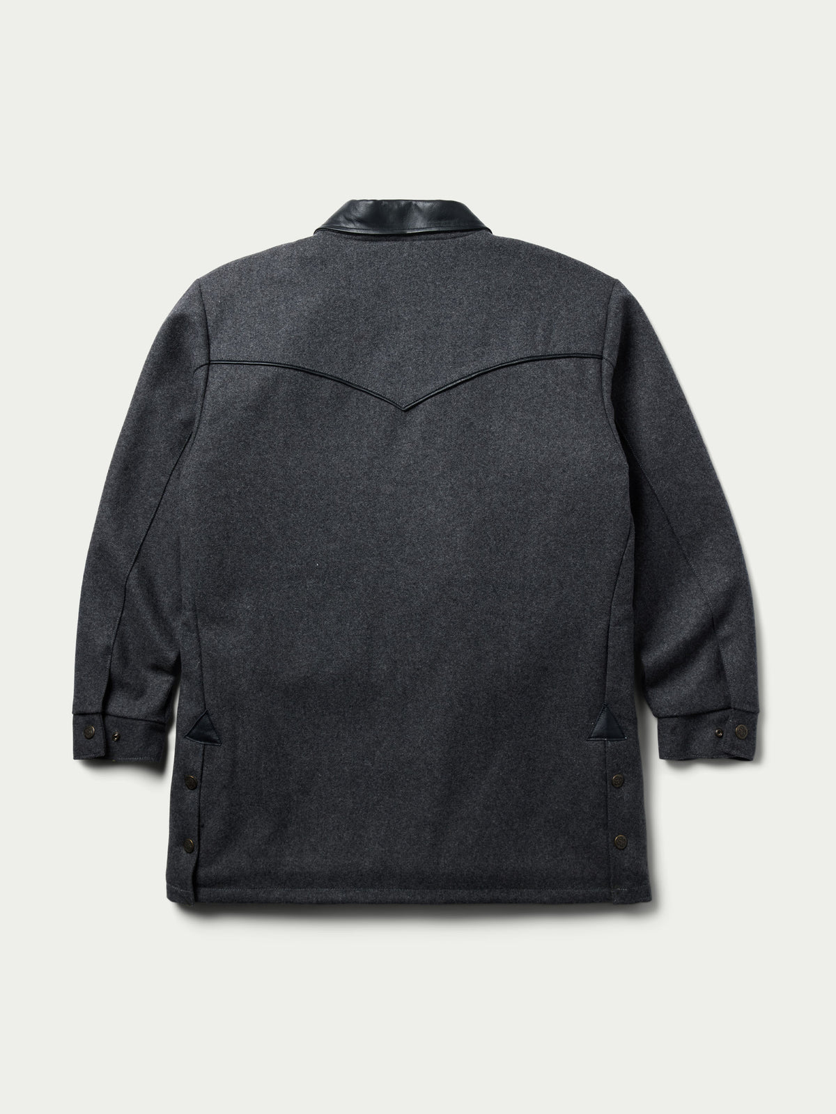 Cattle King charcoal wool coat back view with stand collar and curved yoke seams