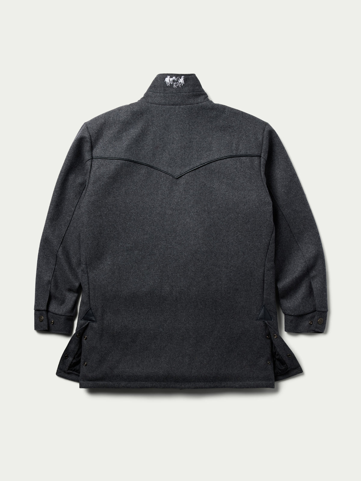 Cattle King charcoal wool coat back view with stand collar and side vent openings