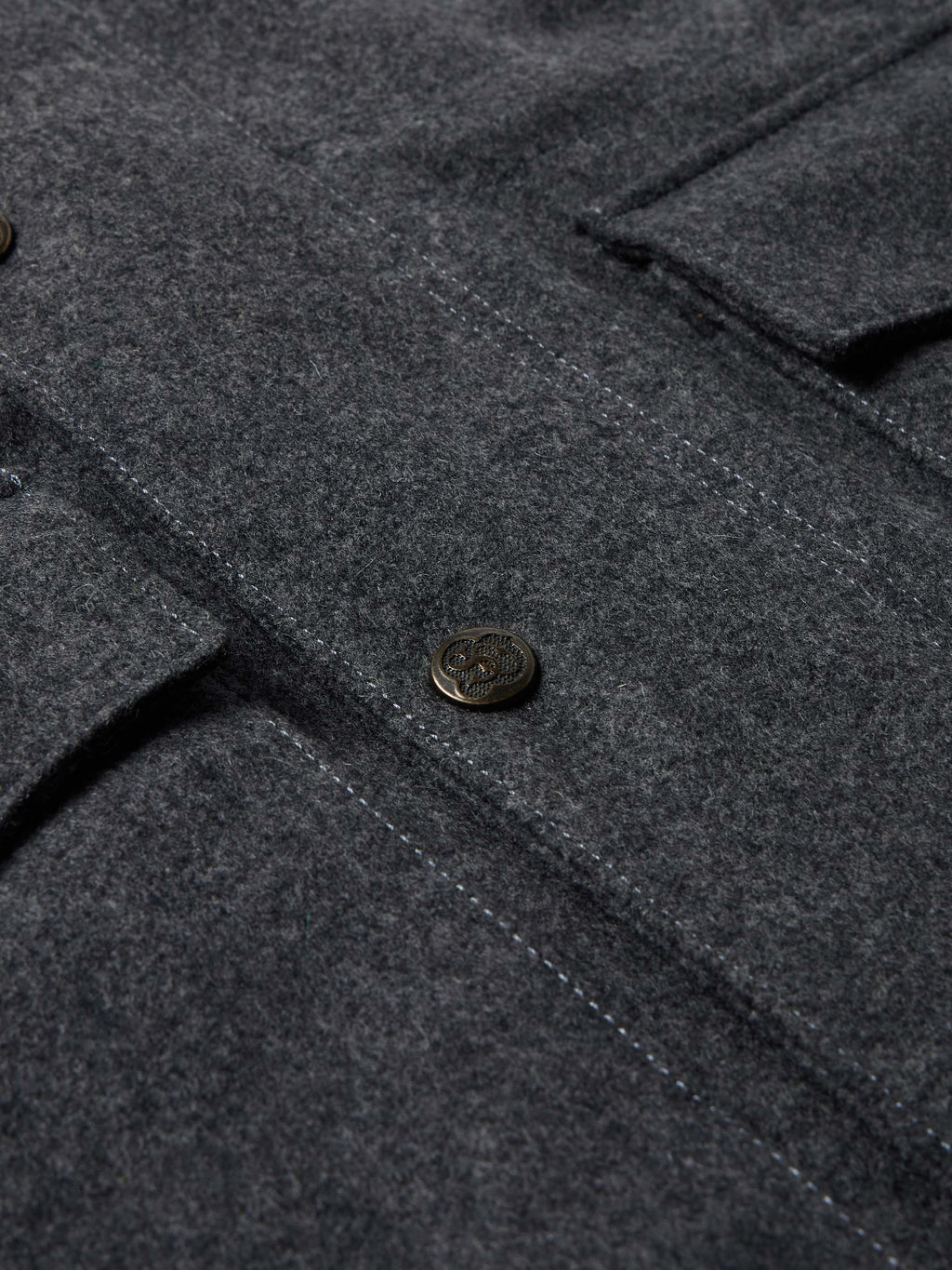 Charcoal wool coat detail: round metal button with clean topstitching
