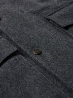 Charcoal wool coat detail: round metal button with clean topstitching