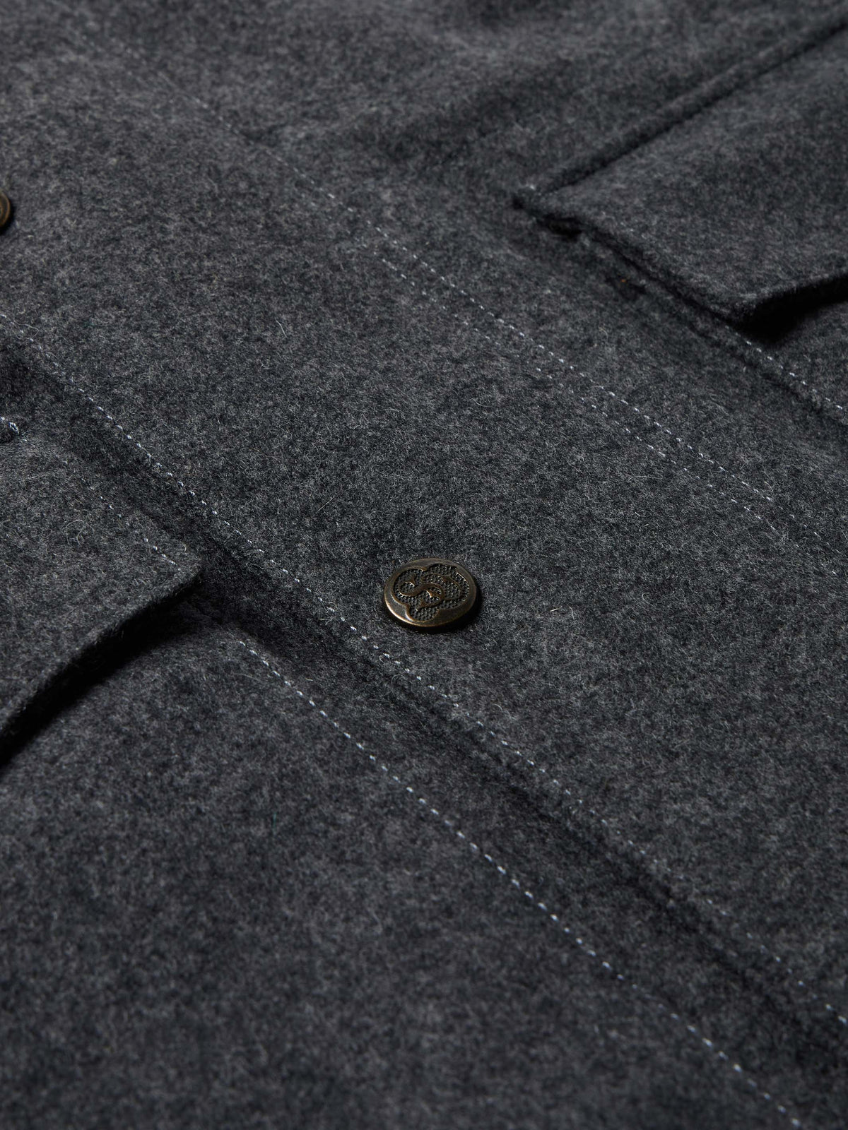 Charcoal wool coat detail: round metal button with clean topstitching