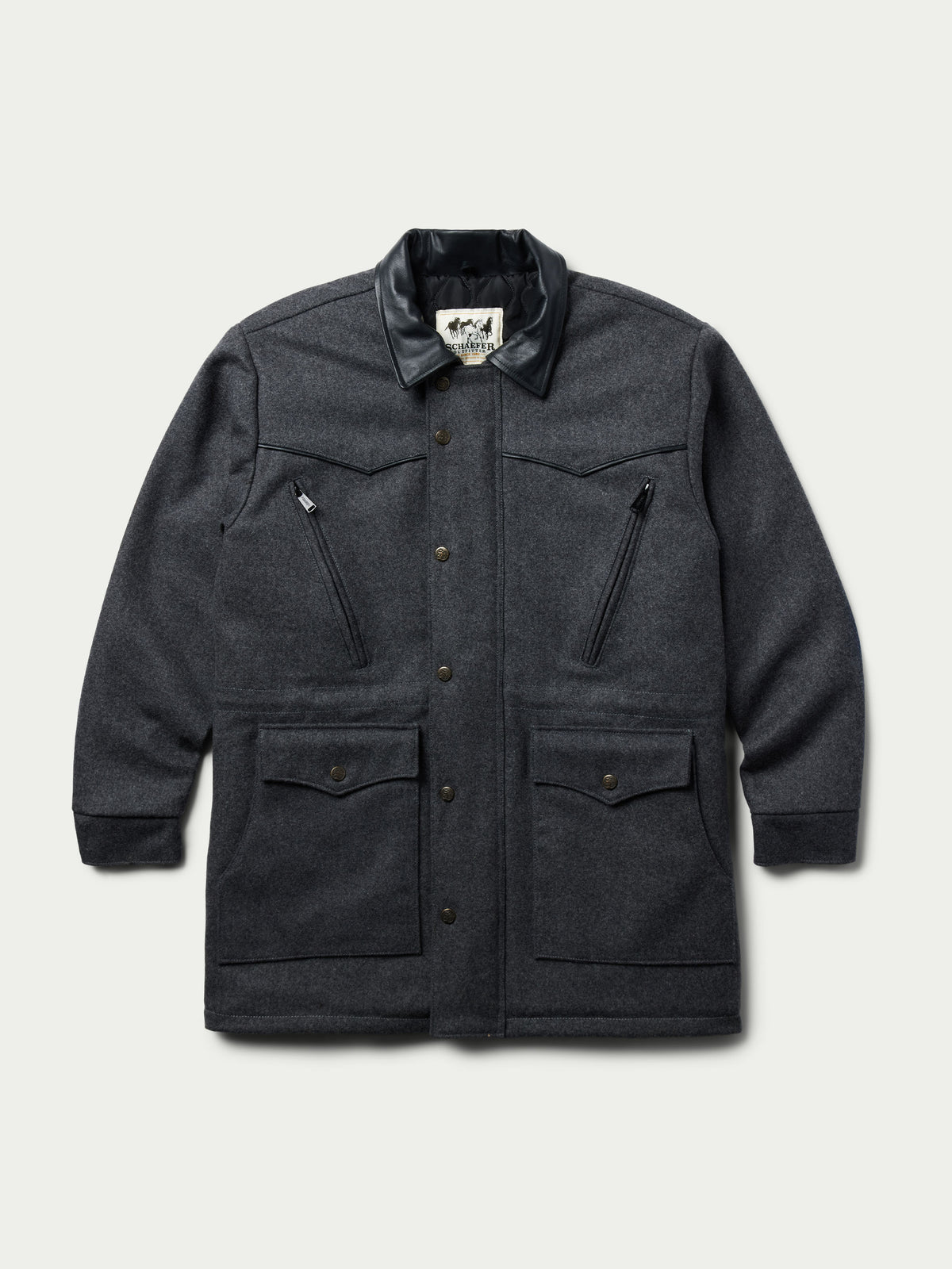 Cattle King charcoal wool coat with stand collar and four flap pockets