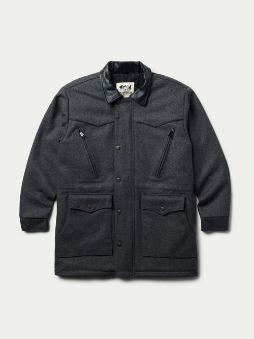 Cattle King charcoal wool coat with stand collar and four flap pockets