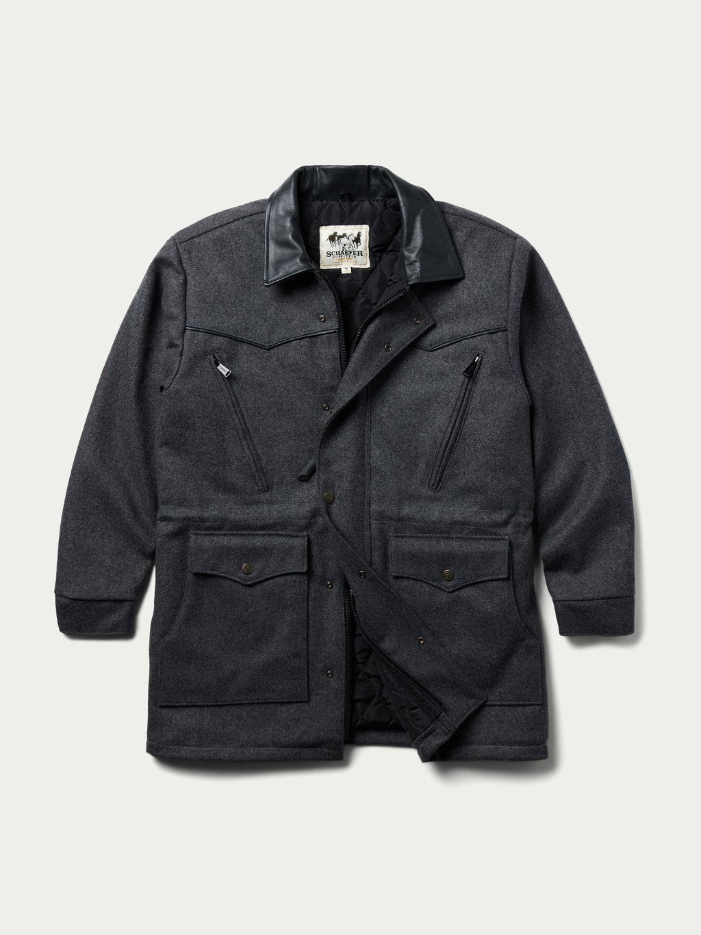 Cattle King charcoal wool coat angled front view with stand collar and flap pockets