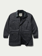Cattle King charcoal wool coat angled front view with stand collar and flap pockets