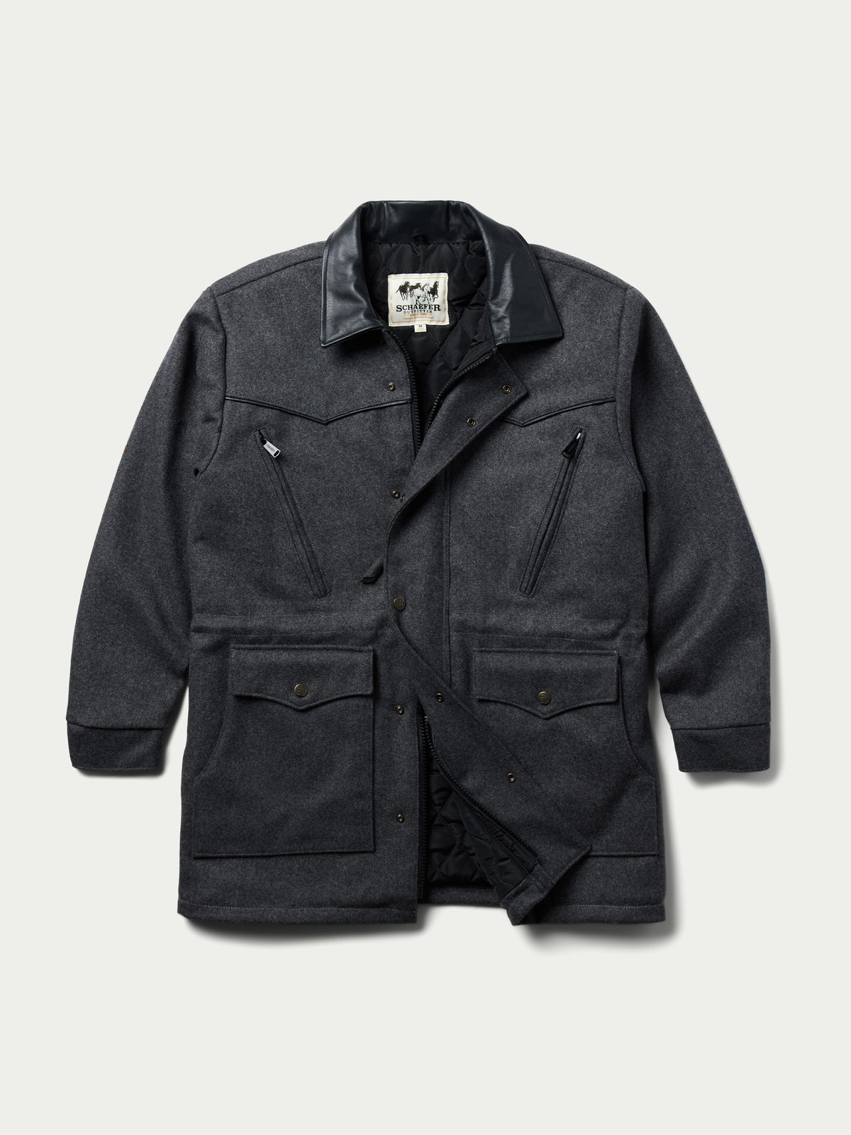 Cattle King charcoal wool coat angled front view with stand collar and flap pockets
