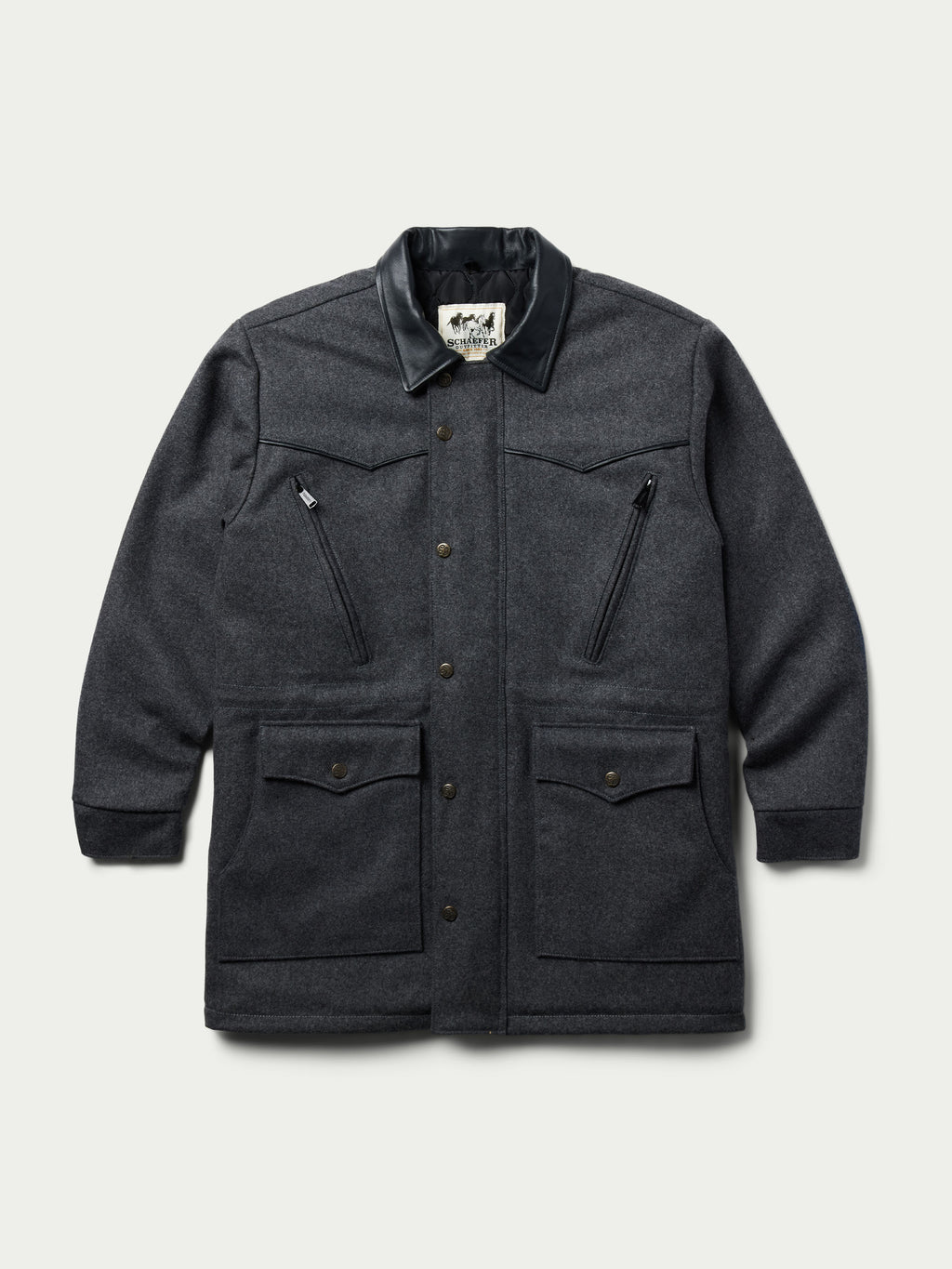 Cattle King charcoal wool coat front view with stand collar, buttons, and flap pockets