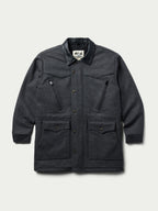 Cattle King charcoal wool coat front view with stand collar, buttons, and flap pockets