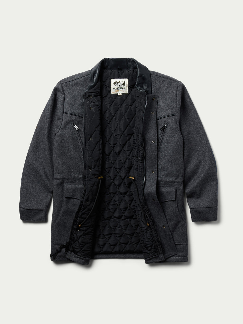 Charcoal wool coat with black quilted lining, zip front, side pockets