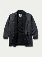 Charcoal wool coat with black quilted lining, zip front, side pockets
