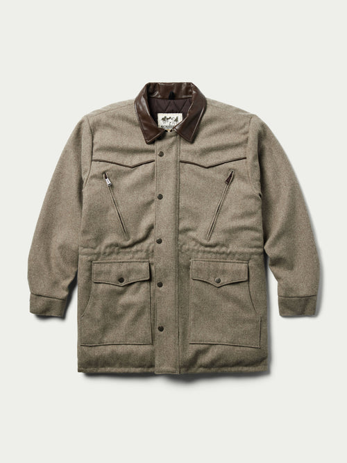 Taupe wool coat, front view with flap pockets and metal buttons