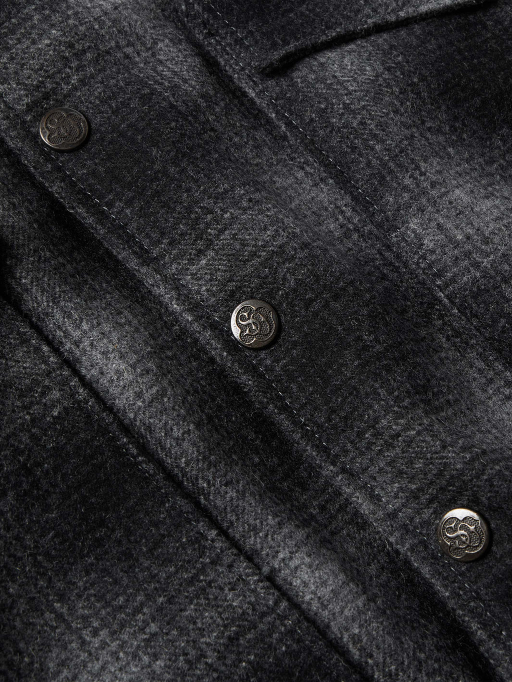Black wool coat, close-up of front buttons and stitched lapel seam