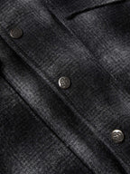 Black wool coat, close-up of front buttons and stitched lapel seam