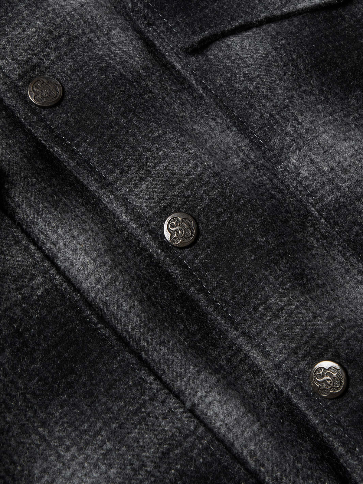 Black wool coat, close-up of front buttons and stitched lapel seam