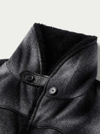 Black shearling-collared wool coat, front view with buttoned placket