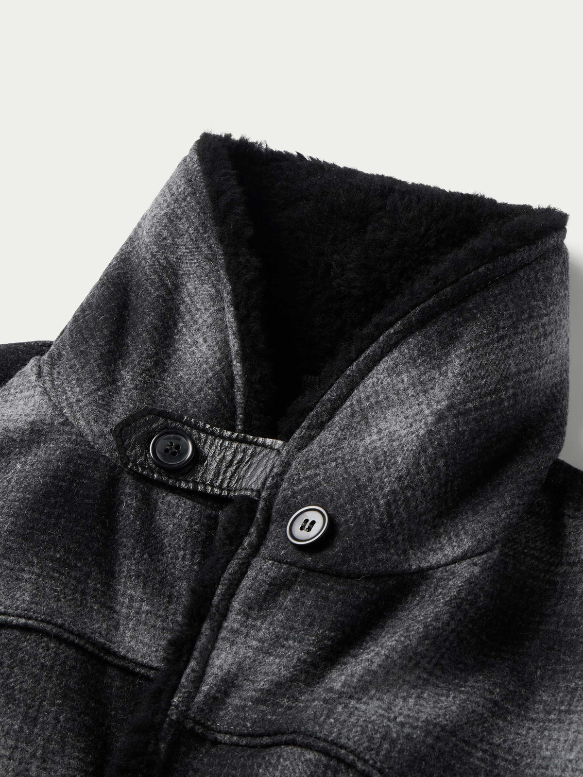 Black shearling-collared wool coat, front view with buttoned placket