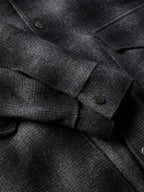Black wool coat, close-up of front panel with buttons and folded hem
