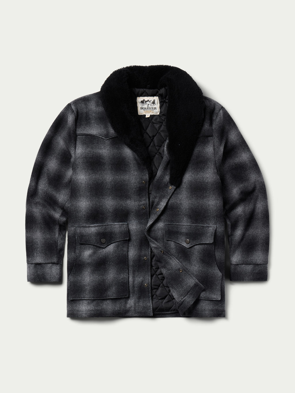 Black wool coat with shearling collar, flat front view with two flap pockets