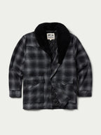 Black wool coat with shearling collar, flat front view with two flap pockets