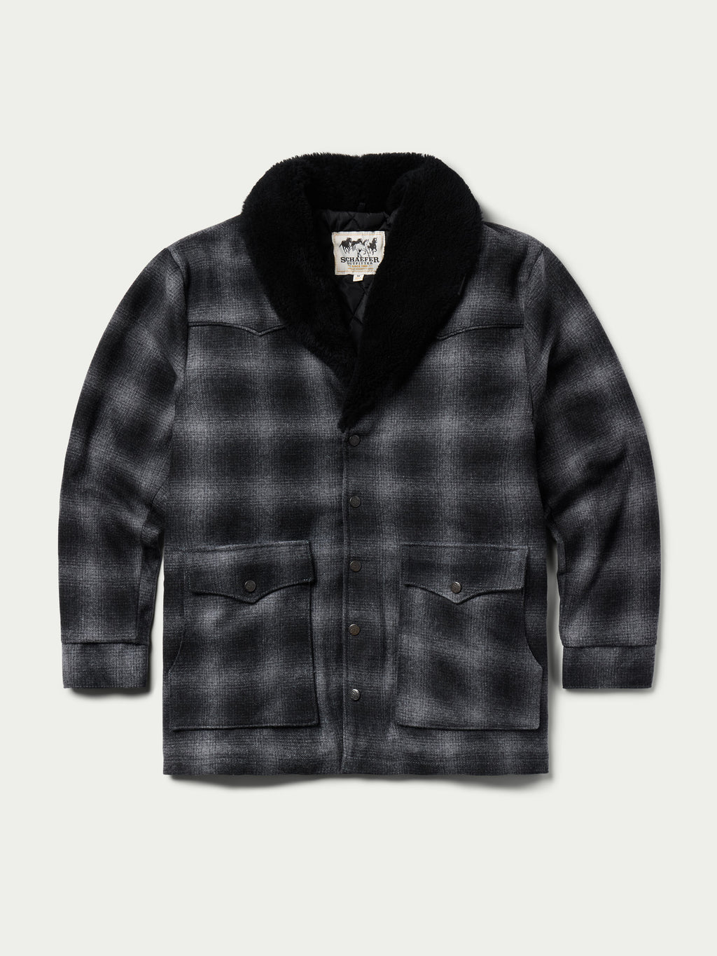 Black wool coat with shearling collar, flat front view with button placket