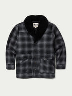 Black wool coat with shearling collar, flat front view with button placket