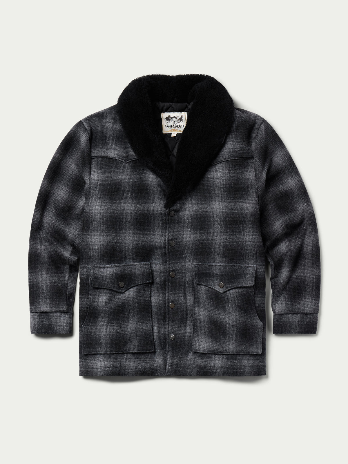 Black wool coat with shearling collar, flat front view with button placket