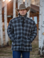 Blue plaid jacket with dark shearling-style collar and button front