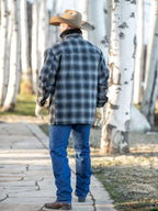 Back view of blue plaid jacket with dark shearling-style collar