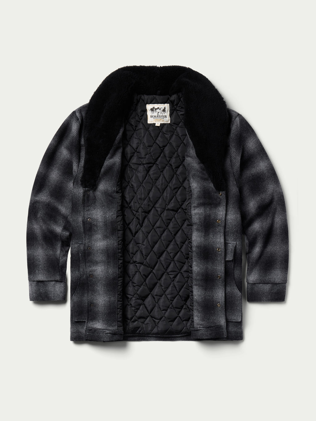 Black wool coat with shearling collar, flat view showing quilted inner lining