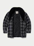 Black wool coat with shearling collar, flat view showing quilted inner lining